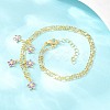 Brass Pave Lilac Cubic Zirconia Flower Pendant Figaro Chain Bib Necklaces for Women NJEW-F364-01G-3