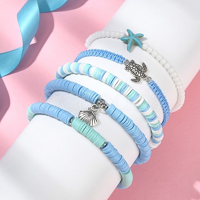 5Pcs 5 Style Polymer Clay Heishi Surfer Stretch Bracelets Set BJEW-TA00370-1