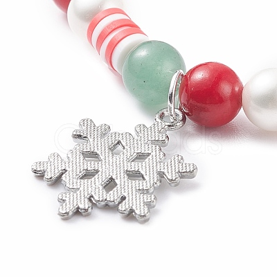Natural Green Aventurine & Mashan Jade & Shell Pearl Stretch Bracelet with Christmas Snowflake Alloy Charm BJEW-TA00089-1
