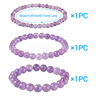 3Pcs Natural Amethyst Beads Stretch Bracelets for Women BJEW-TAC0033-1