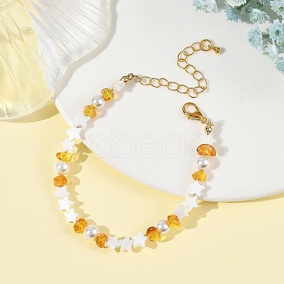 Natural Freshwater Shell Star & Shell Pearl & Natural Amber Chip Beaded Bracelets BJEW-JB14321-1