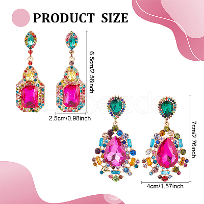2 Pairs 2 Style Rhinestone Teardrop & Rectangle Dangle Stud Earrings EJEW-AN0002-98-1
