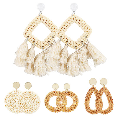 4 Pairs 4 Styles Rattan Dangle Stud Earrings EJEW-SP0001-16C-1