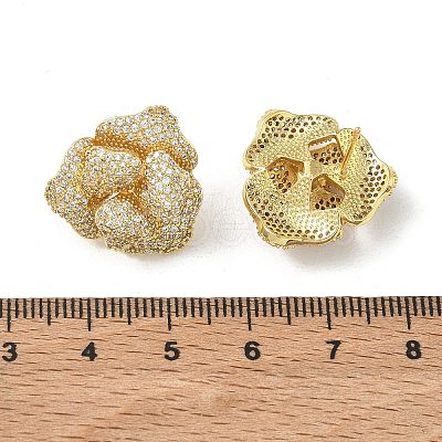 Camellia Flower Brass & Clear Cubic Zirconia Stud Earrings KK-CBA36A2-01G-1