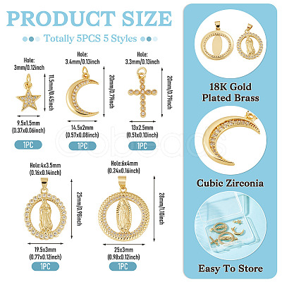 5Pcs 5 Styles Rack Plating Brass with Cubic Zirconia Pendants KK-TA0008-64-1
