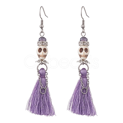 Synthetic Turquoise Skull Dangle Earrings EJEW-TA00235-03-1