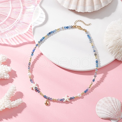 Dyed Natural Agate Faceted Round and Natural Cultured Freshwater Pearl & Starfish Synthetic Turquoise Beaded Brass Cowrie Shell Shape Pendant Necklaces for Women NJEW-JN05496-03-1