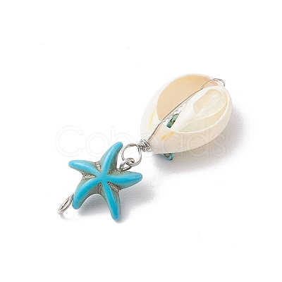 4Pcs 4 Styles Natural Cowrie Shell & Starfish Dyed Synthetic Turquoise Pendants PALLOY-JF03934-01-1