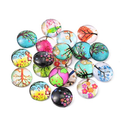 Tree of Life Printed Half Round/Dome Glass Cabochons GGLA-A002-12mm-GG-1