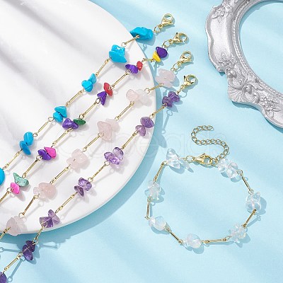 Natural & Synthetic Mixed Gemstone Chips Beaded Link Chain Bracelet BJEW-JB09972-1