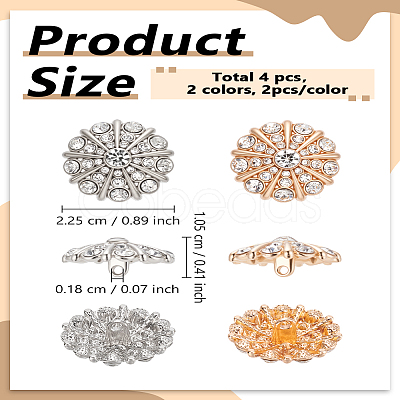 4Pcs 2 Colors 1-Hole Alloy Rhinestone Shank Buttons BUTT-LP0001-68-1