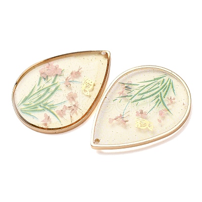 Brass & Transparent Epoxy Resin & Dried Flower Pendants RESI-G133-02G-1
