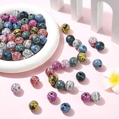 32Pcs 8 Colors Bohemian Style Printed Schima Wood Beads WOOD-YW0001-93-1