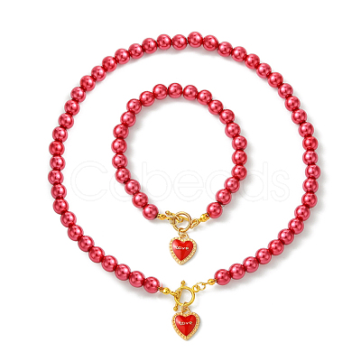 2Pcs 2 Styles ABS Plastic Imitation Pearl Necklaces & Bracelets Sets for Women SJEW-FS00006-1