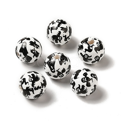 Printed Round Wood European Beads WOOD-M006-01-1
