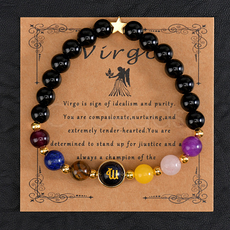 12 Zodiac Sign Natural Black Obsidian Round Beads Stretch Bracelets for Men Women WG228FC-11-1
