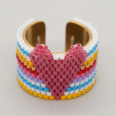 Adjustable Bohemian Style 304 Stainless Steel and Glass Seed Beads Cuff Rings FS-WG09053-02-1