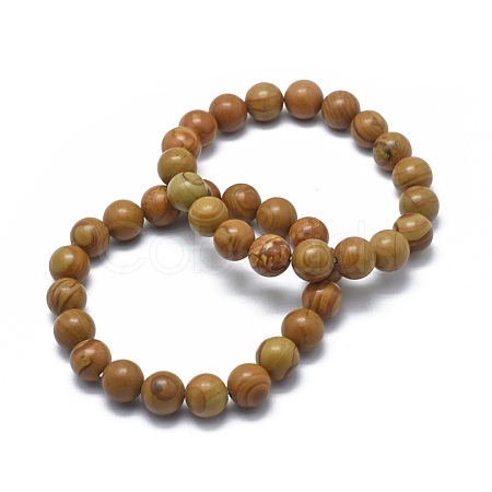 Natural Wood Lace Stone Bead Stretch Bracelets BJEW-K212-B-041-1
