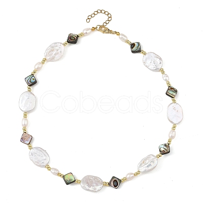 Natural Paua Shell Rhombus & Natural Baroque Keshi Pearl Oval Beaded Necklaces with 304 Stainless Steel End Chains NJEW-JN06522-1