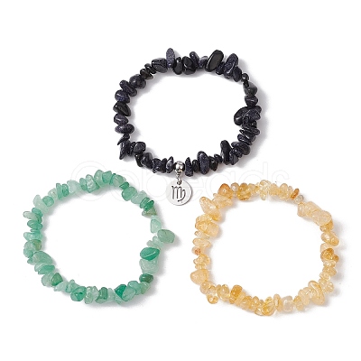 3Pcs 3 Styles Natural Citrine & Green Aventurine & Synthetic Blue Goldstone Chips Stretch Bracelets Sets BJEW-JB11076-08-1