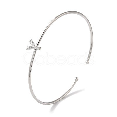 Rack Plating Brass Micro Pave Clear Cubic Zirconia Letter Open Cuff Bangles BJEW-A018-01P-Y-1