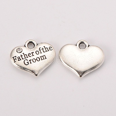 Wedding Theme Antique Silver Tone Tibetan Style Heart with Father of the Groom Rhinestone Charms X-TIBEP-N005-13D-1