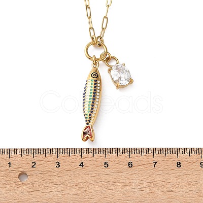 Ocean 304 Stainless Steel Enamel Fish Pendant Paperclip Chain Necklaces with Clear Cubic Zirconia SA-CBAD22F-07G-B-1