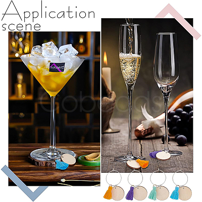 24Pcs 8 Colors Flat Round Wood & Tassel Dangle Wine Glass Charms AJEW-BC0003-13-1