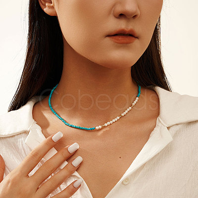 Faceted Round Natural Turquoise & Shell Pearl Beaded Necklaces NJEW-L125-005G-01-1
