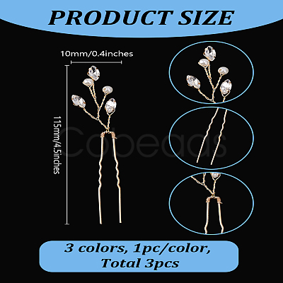 3Pcs 3 Colors Brass Rhinestone Hair Forks MRMJ-LP0001-06-1