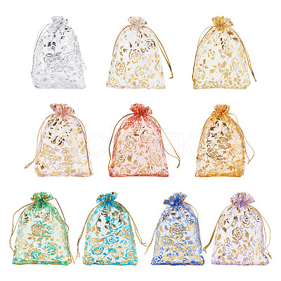 50Pcs 10 Colors Rose Printed Organza Drawstring Bags OP-TA0001-15B-1