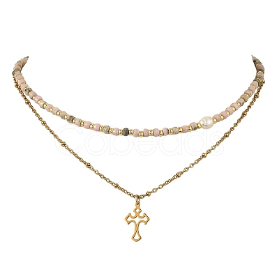 304 Stainless Steel Pendant Double Layer Necklaces NJEW-JN06643-01-1