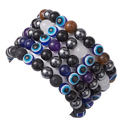 Round Gemstone Beaded Stretch Bracelets BJEW-JB11005-1