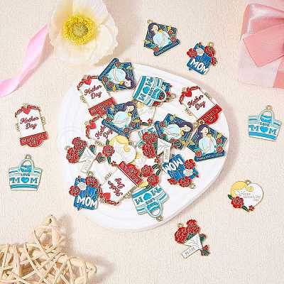 30Pcs 6 Styles Mother's Day Alloy Enamel Pendants ENAM-SZ0003-47-1