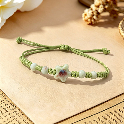Adjustable Handmade Porcelain Star Polyester Cord Braided Bead Bracelets WG98E8A-01-1