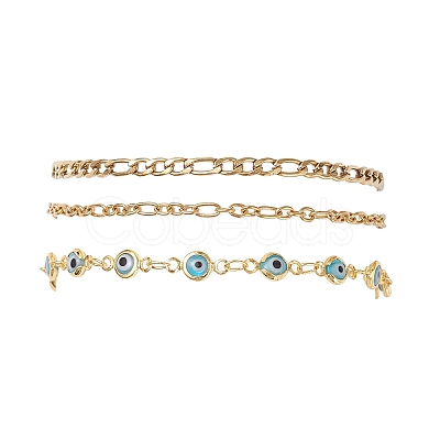 304 Stainless Steel Cable Chains & Evil Eye Lampwork Link Chains Bracelets for Women BJEW-JB12449-02-1