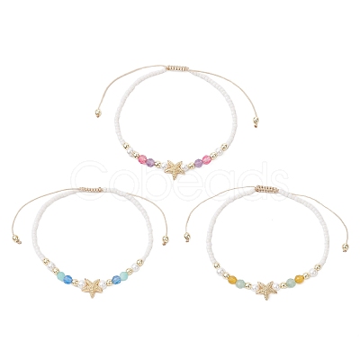 3Pcs Starfish Natural Agate & Amazonite & Shell Pearl Beads Braided Bead Bracelets for Women BJEW-JB12765-1