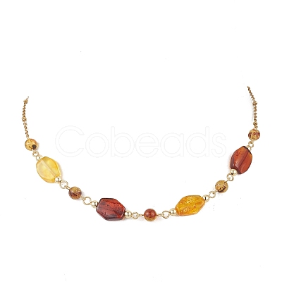 Natural Amber Nuggets Beaded Necklaces with 304 Stainless Steel Satellite Chain Necklaces NJEW-JN05978-1