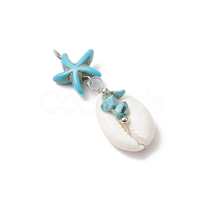 4Pcs 4 Styles Natural Cowrie Shell & Starfish Dyed Synthetic Turquoise Pendants PALLOY-JF03934-01-1