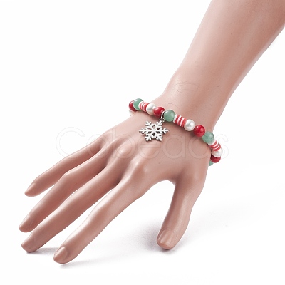 Natural Green Aventurine & Mashan Jade & Shell Pearl Stretch Bracelet with Christmas Snowflake Alloy Charm BJEW-TA00089-1