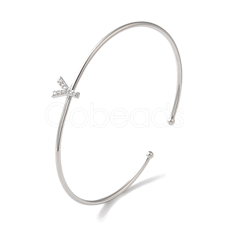 Rack Plating Brass Micro Pave Clear Cubic Zirconia Letter Open Cuff Bangles BJEW-A018-01P-Y-1