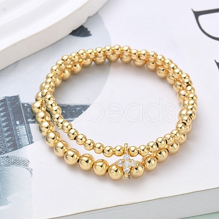 Brass Micro Pave Cubic Zirconia Round Beaded Multi-Strand Bracelets for Women BJEW-B148-02A-G-1