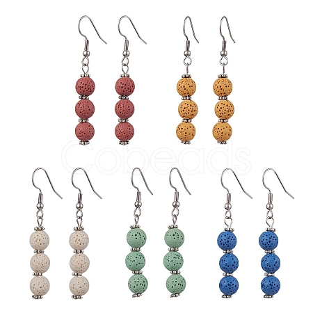 Dyed Nature Lava Rock Round Beaded Dangle Earrings for Women EJEW-JE05636-1