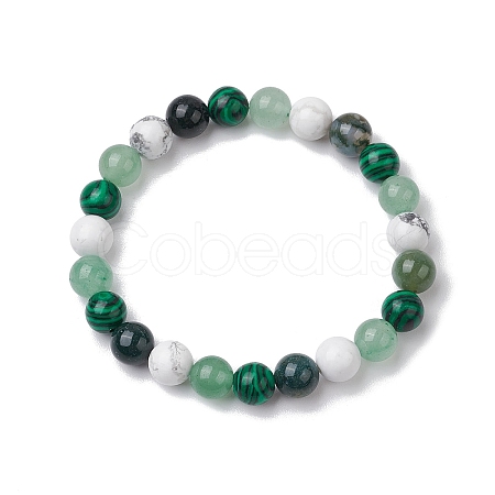 8.5mm Round Natural Moss Agate & Howlite & Natural Green Aventurine & Synthetic Malachite Bead Stretch Bracelets for Women BJEW-JB10944-04-1
