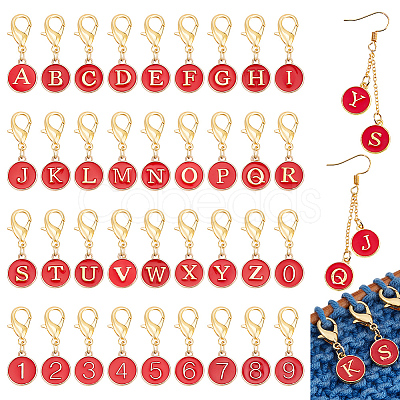 36Pcs 36 Style Letter A~Z & Number 0~9 Flat Round Alloy Enamel Pendant Stitch Markers HJEW-NB00019-1