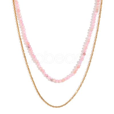 18K Gold Plated Stainless Steel & Natural Pink Opal Beaded Double Layer Necklaces for Women QW1726-4-1