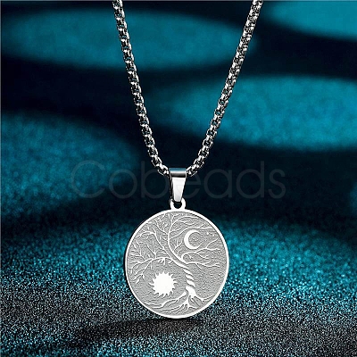 Stainless Steel Viking Moon Sun Tree of Life Flat Round Pendant Box Chain Necklaces PW-WG93B99-01-1