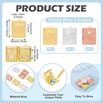 6Pcs 3 Colors Brass Locket Pendants KK-TA0001-98-1