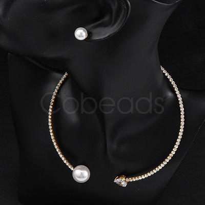 Round Plastic Imitation Pearl Stud Earrings & Heart Cubic Zirconia Rhinestone Cuff Choker Necklaces Sets SJEW-U003-10G-1