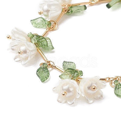 Shell Pearl Flower with Leaf Charm Bracelet with Bar Link Chains BJEW-TA00215-1